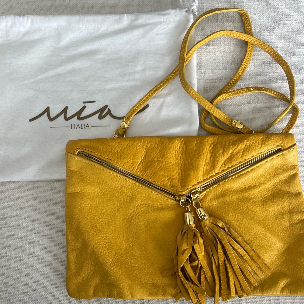 Italian Leather Mustard Yellow Crossbody Clutch Tassel Bag NWOT